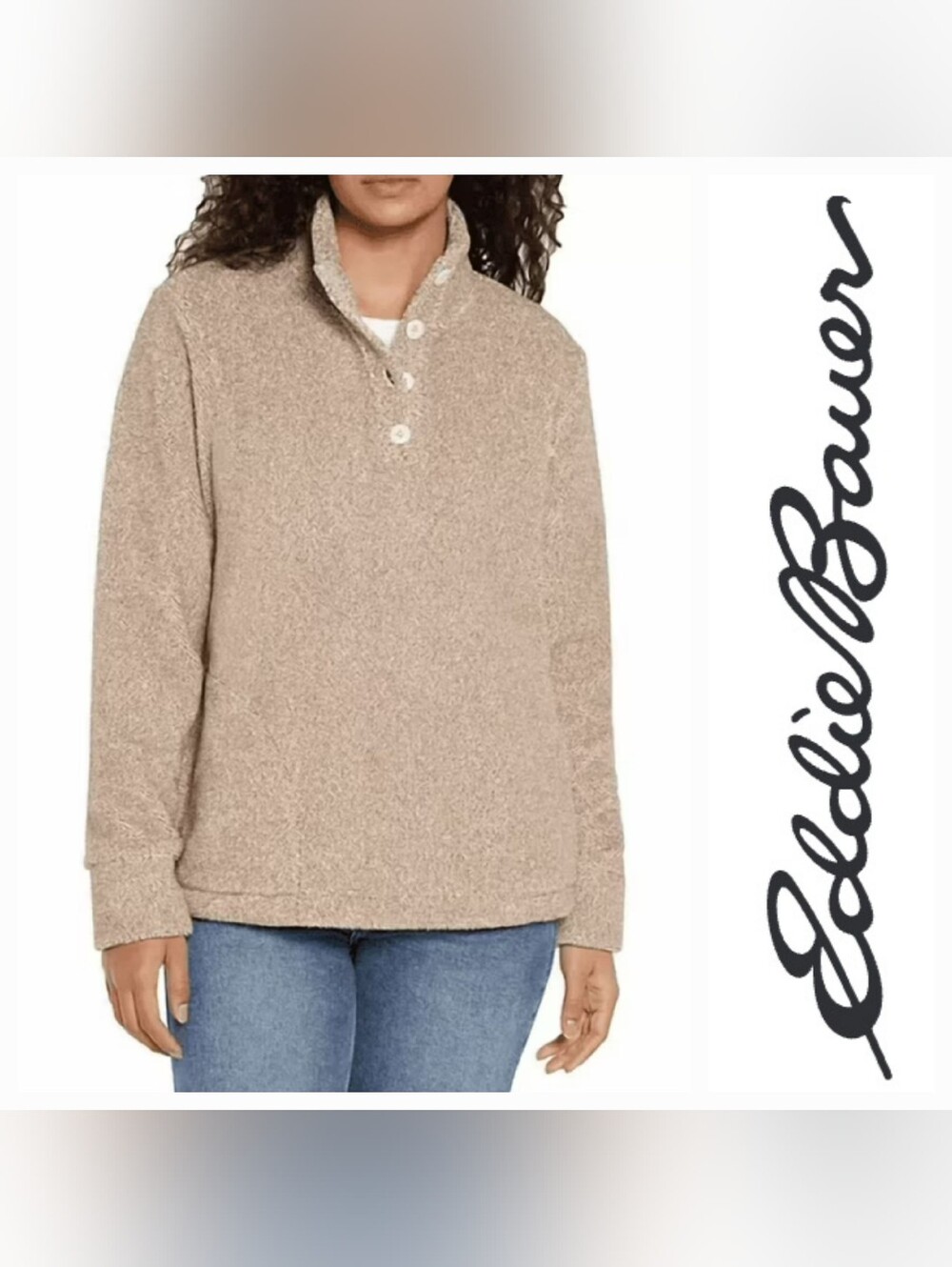 Eddie Bauer Fleece Henley Pullover Top Light Tan Sz XL Cabincore Loungewear